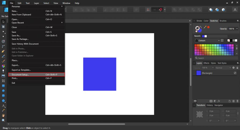Transparent background in Affinity Designer - step 1: go to Document Setup