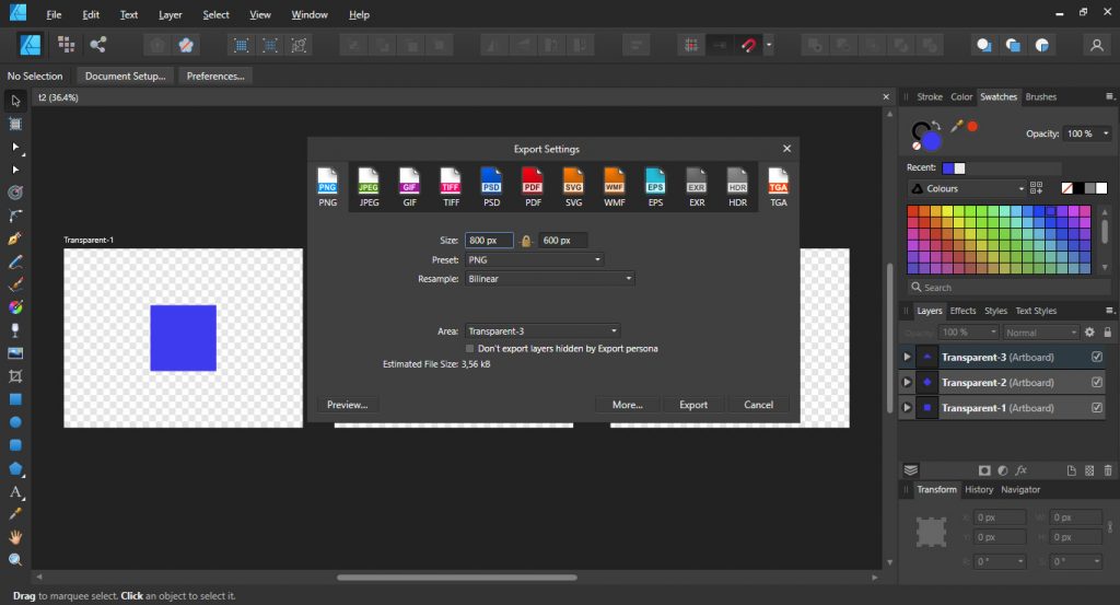 Exporting designs with transparent background from Affinity Designer
